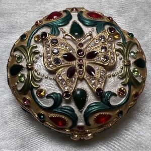 Vtg Hinged Enamel And Metal Rhinestone Butterfly Trinket‎ Box 2.5 " x 1.5"
